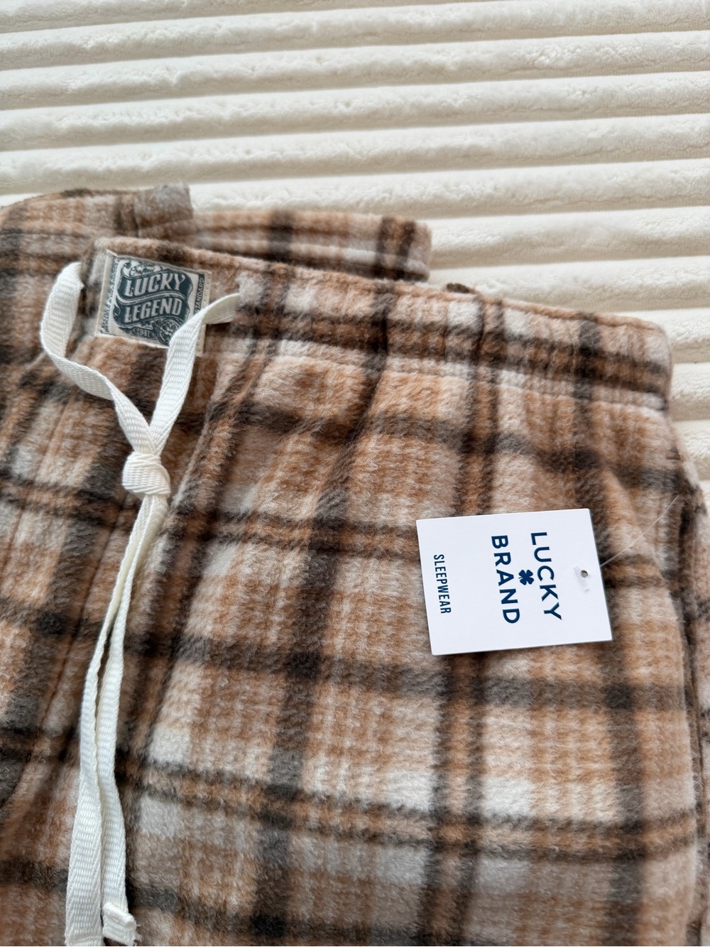 NWT Lucky Brand Brown & Cream Plaid Fleece Lounge Pants. Size XL